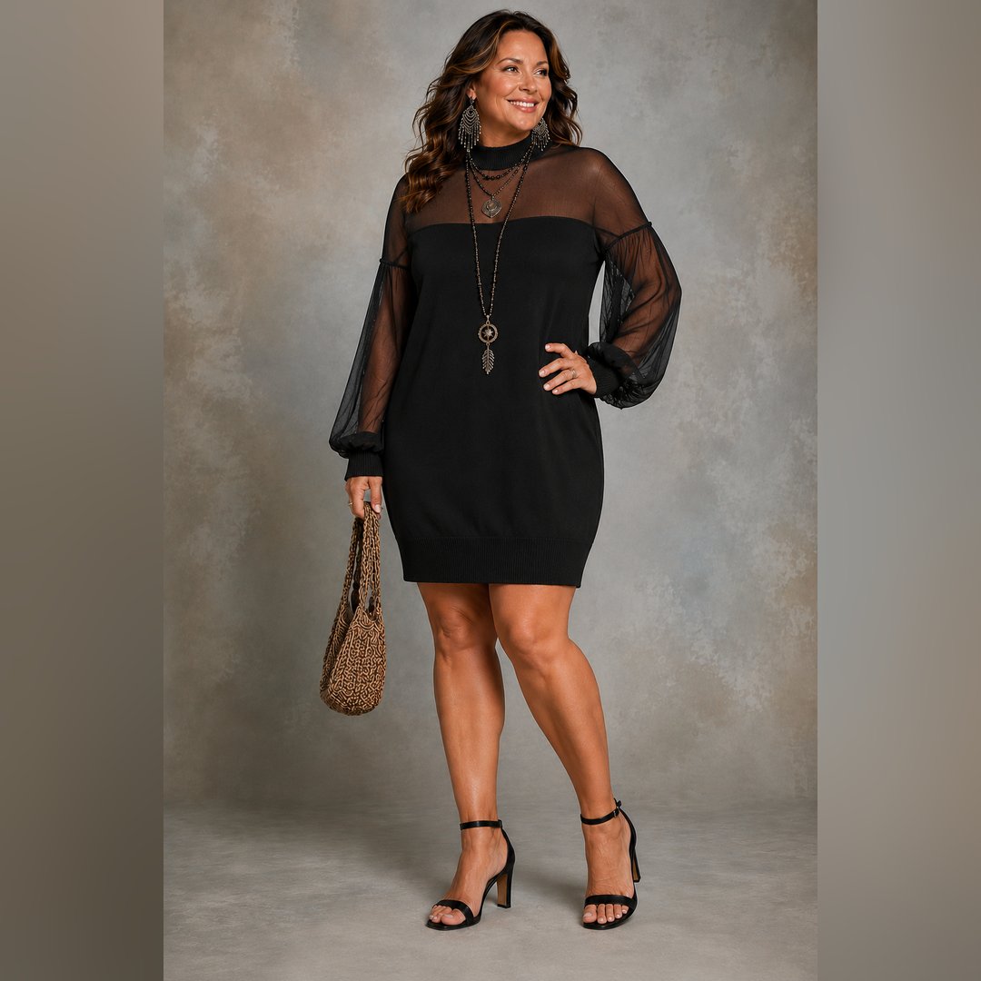Purity | Black Mesh-Sleeve Mini Dress