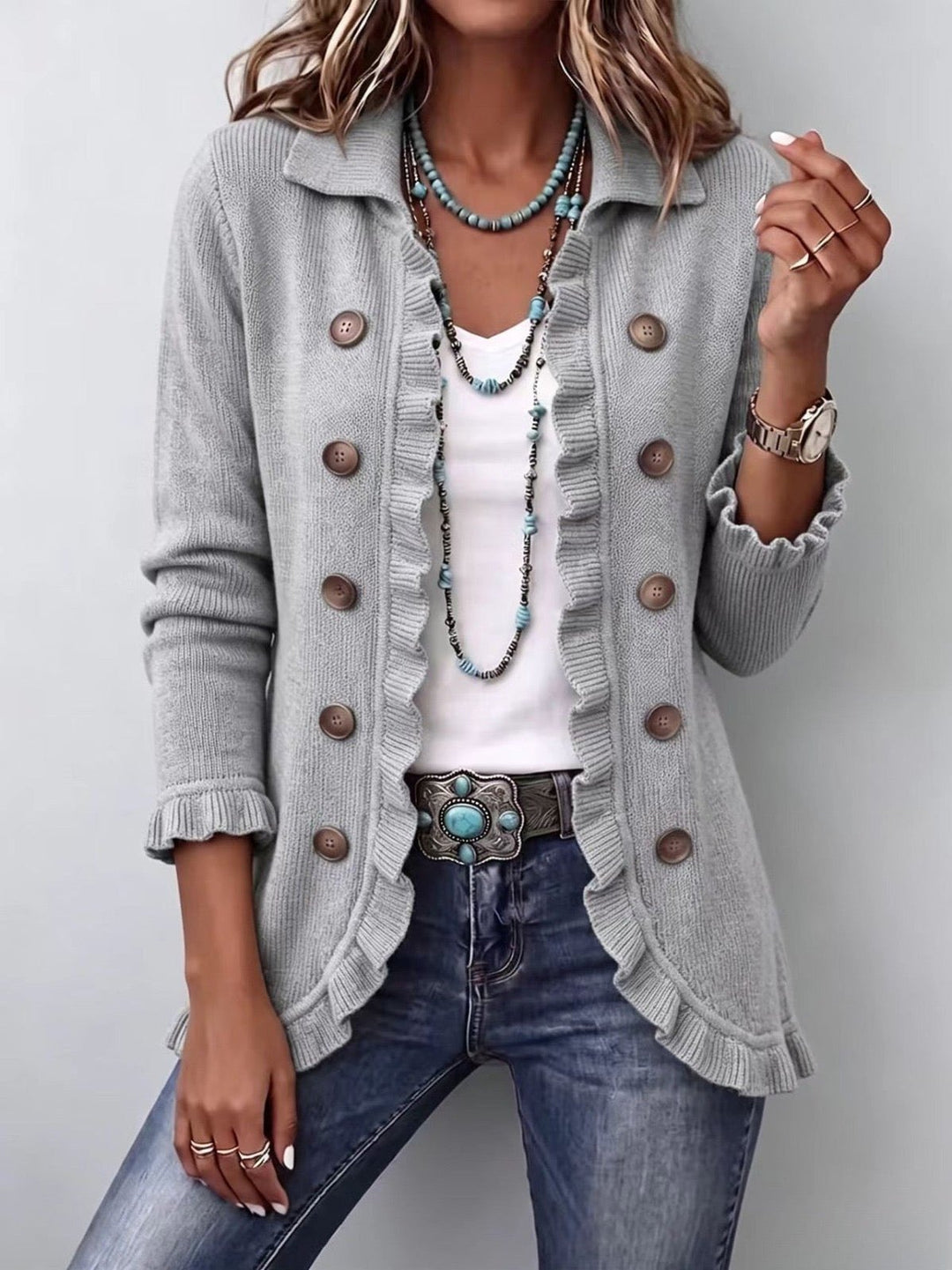 Bette | Heather Grey Ribbed Knit Ruffle Jacket