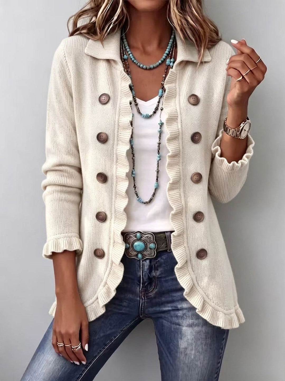 Dottie | Ivory Ribbed Knit Ruffle Jacket