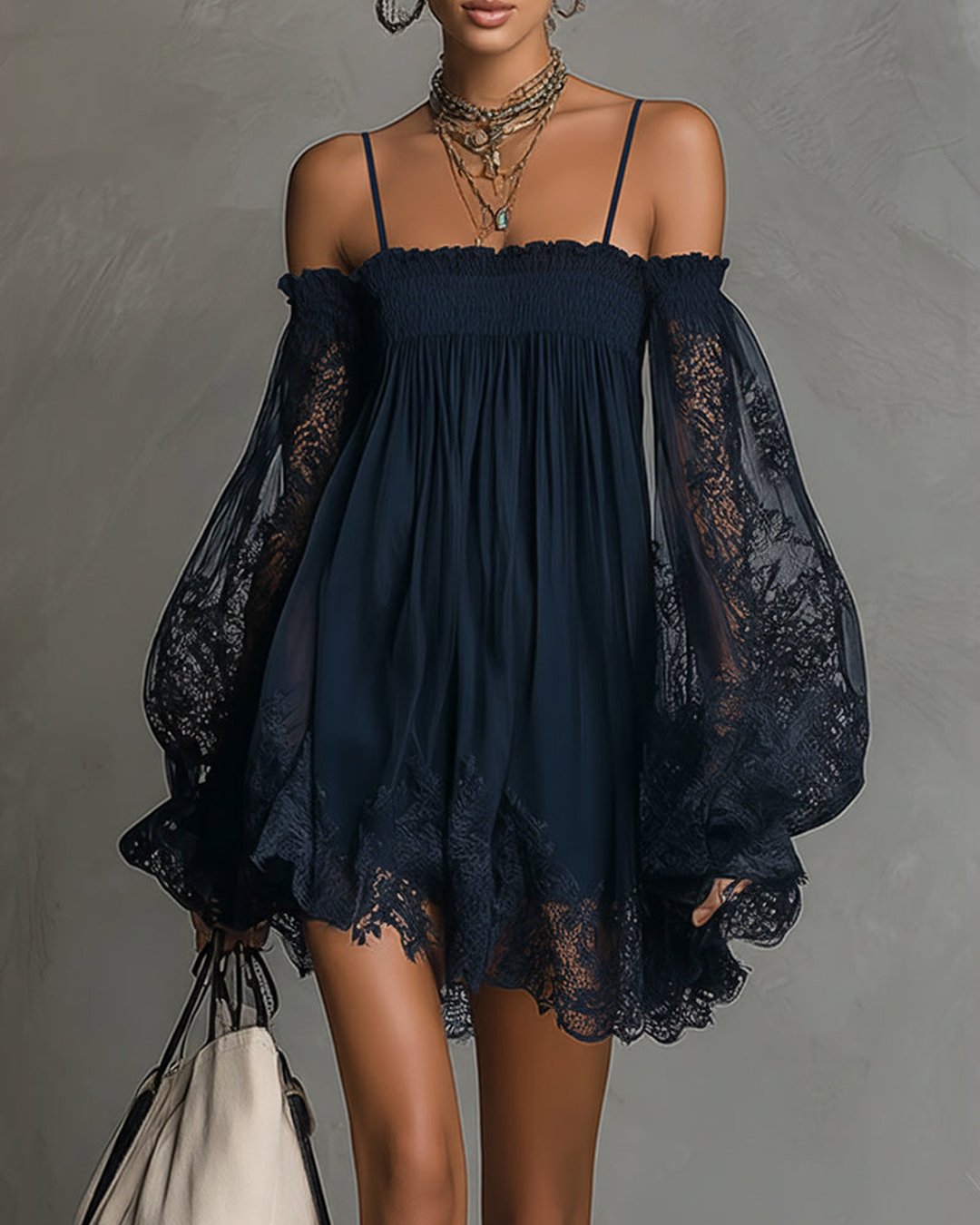Filippa | Navy Lace Chiffon Mini Dress