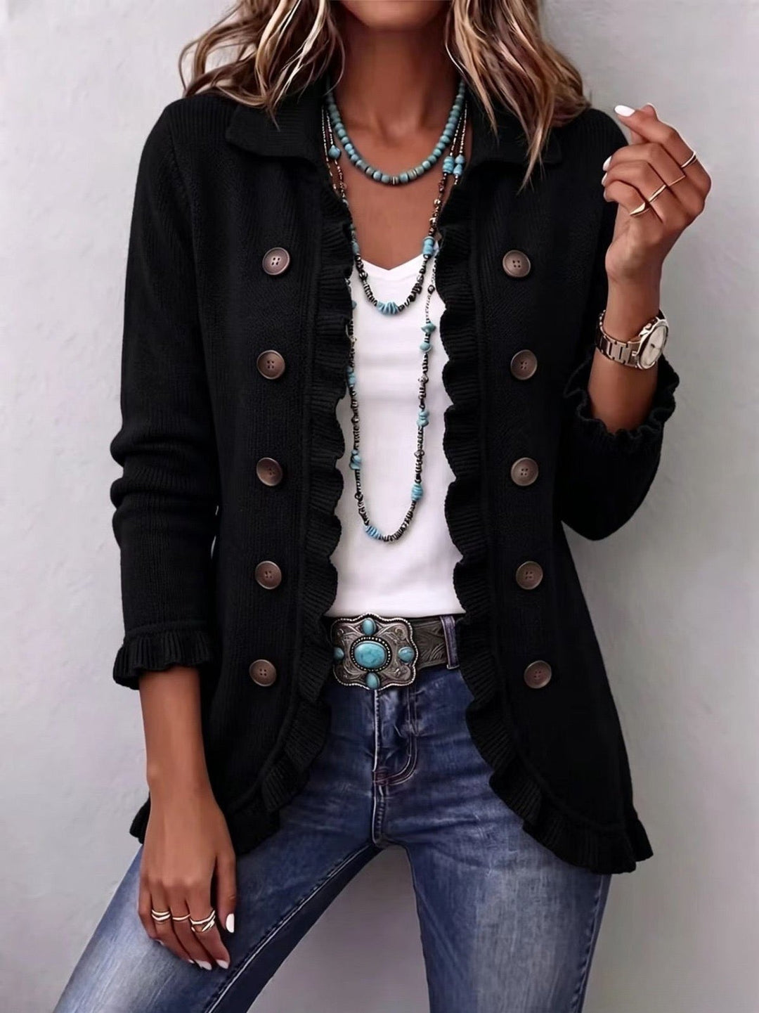 Brandi | Jet Black Ribbed Knit Ruffle Jacket