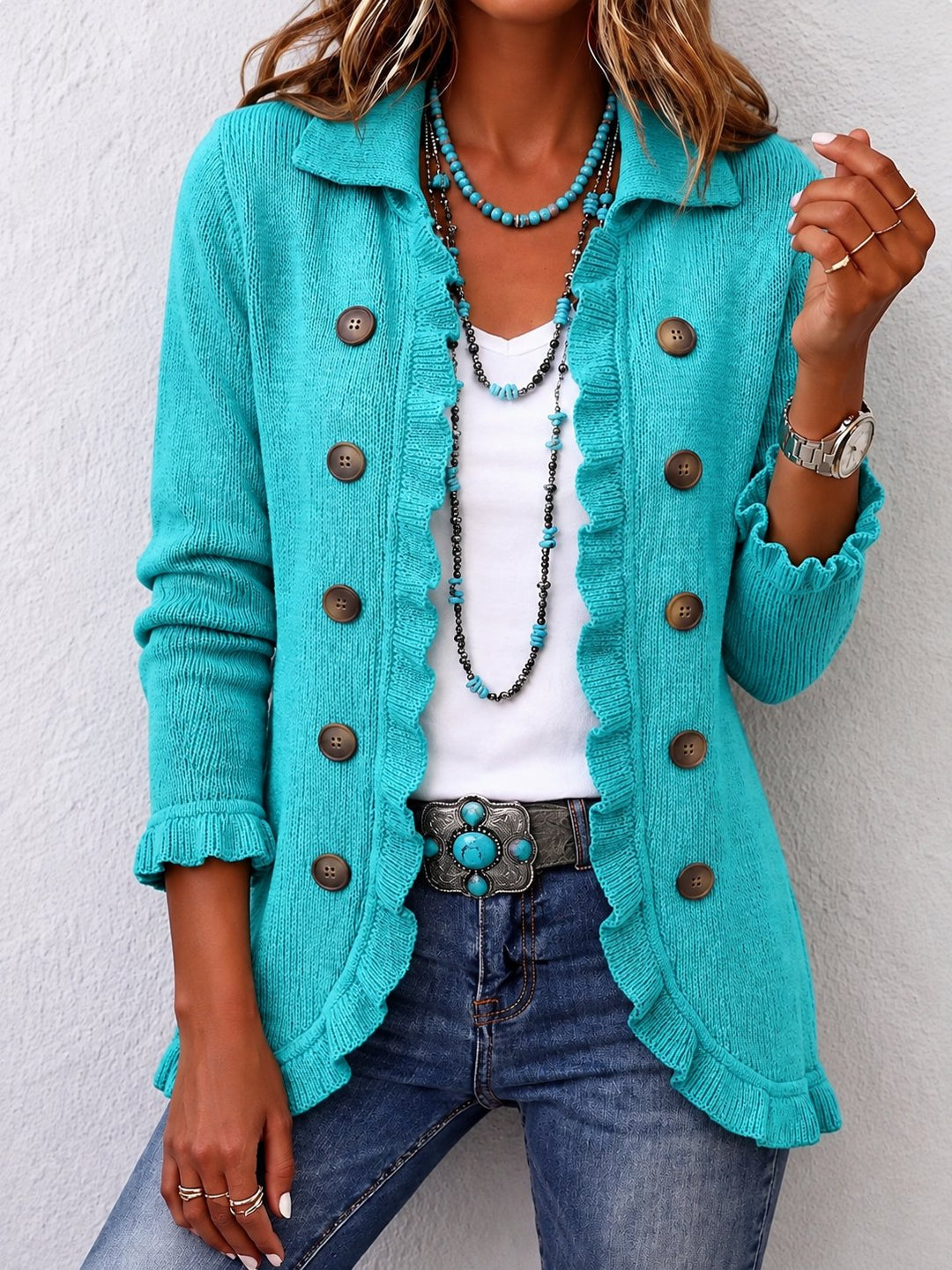 Gracelyn | Turquoise Ribbed Knit Ruffle Jacket