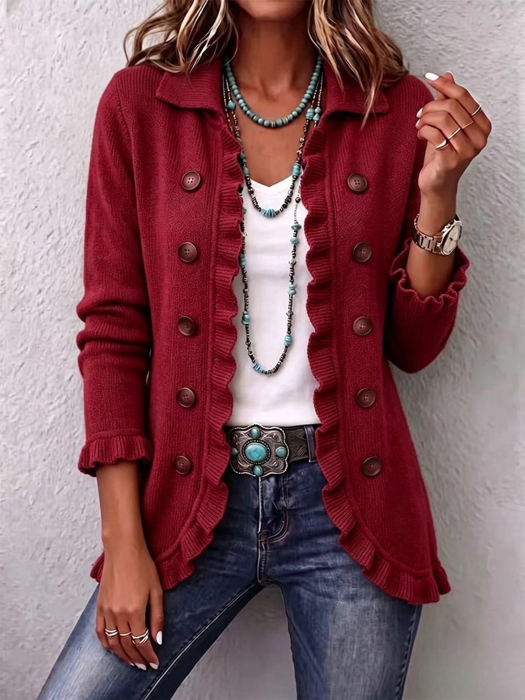 Adelia | Ruby Red Ribbed Knit Ruffle Jacket