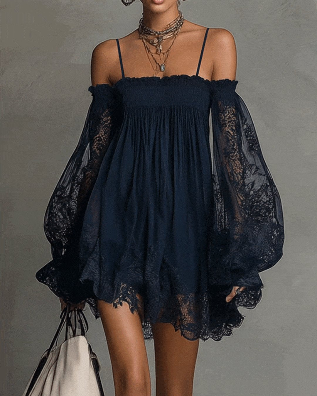 Filippa | Navy Lace Chiffon Mini Dress