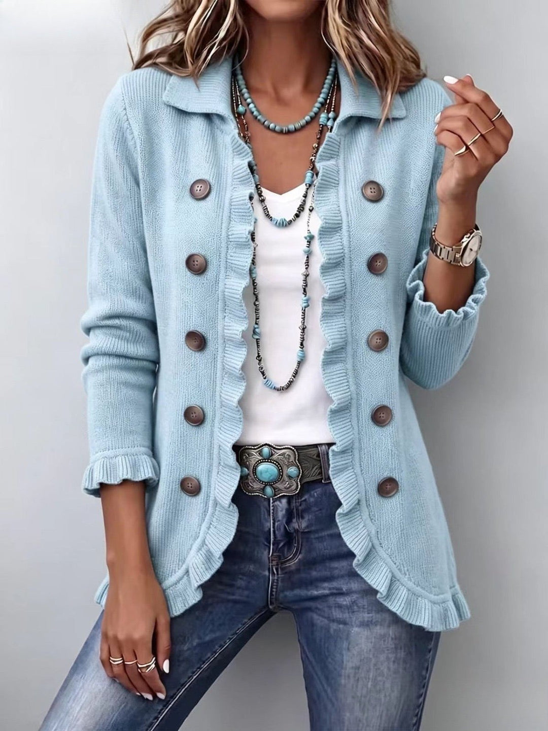 Allegra | Powder Blue Ribbed Knit Ruffle Jacket