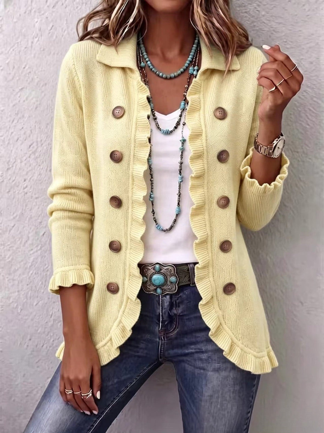 Maud | Buttercream Ribbed Knit Ruffle Jacket
