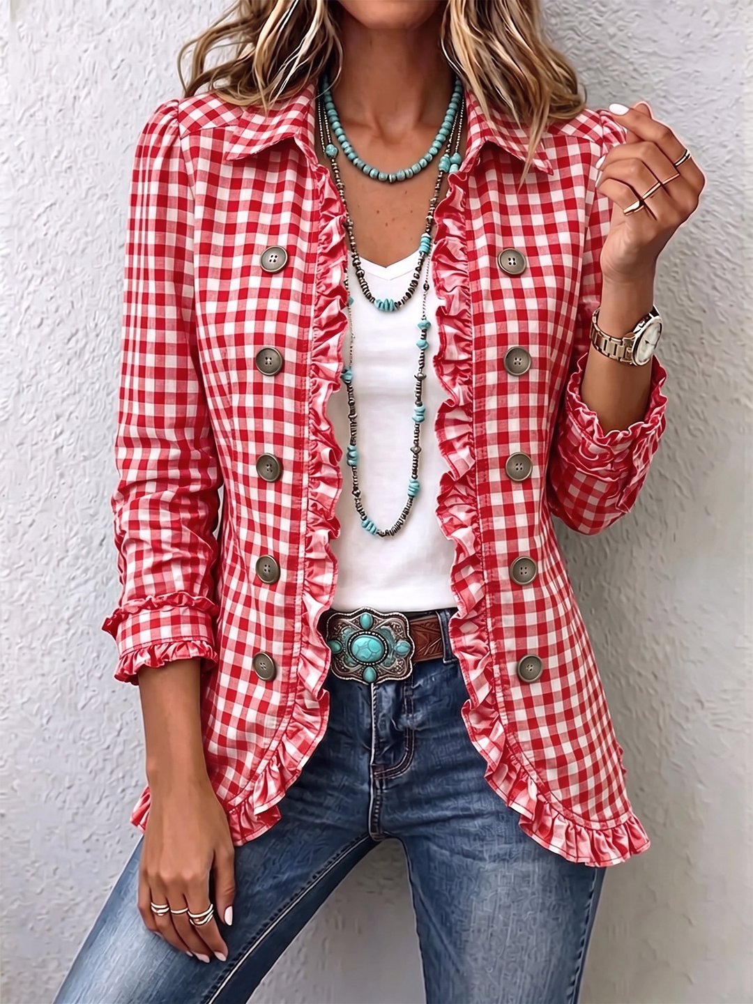 Twyla | Gingham Ruffled Button-Down Jacket