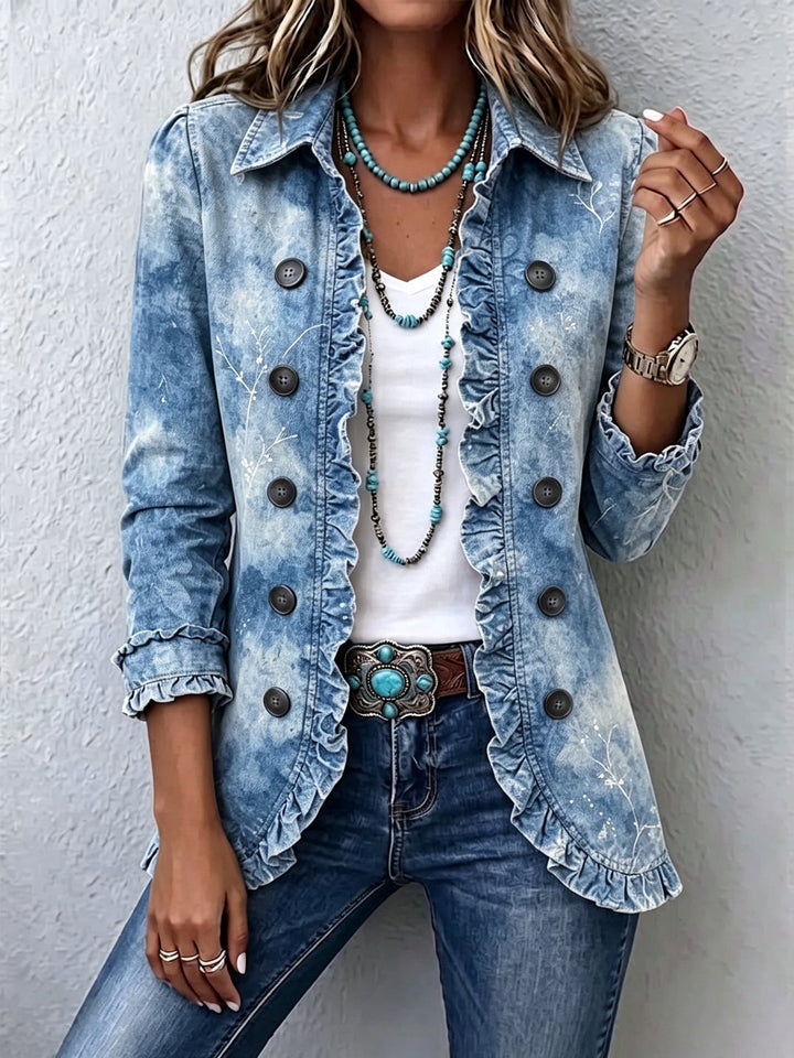Bryn | Boho-Style Gradient Vintage Botanical Print Ruffle-Detail Jacket