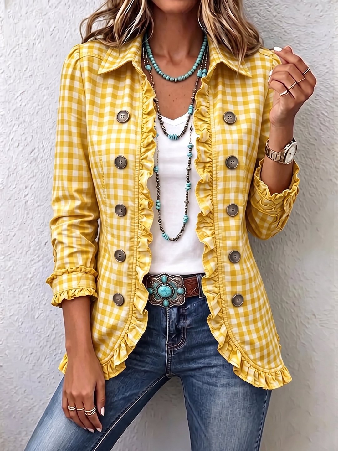 Twyla | Gingham Ruffled Button-Down Jacket