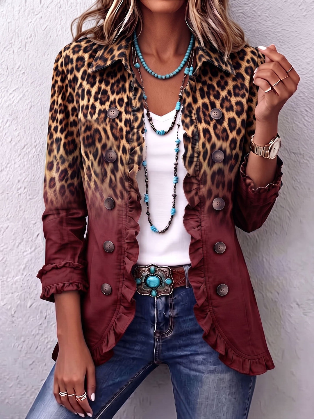 Odalique | Leopard Ombre Ruffle Blazer Jacket