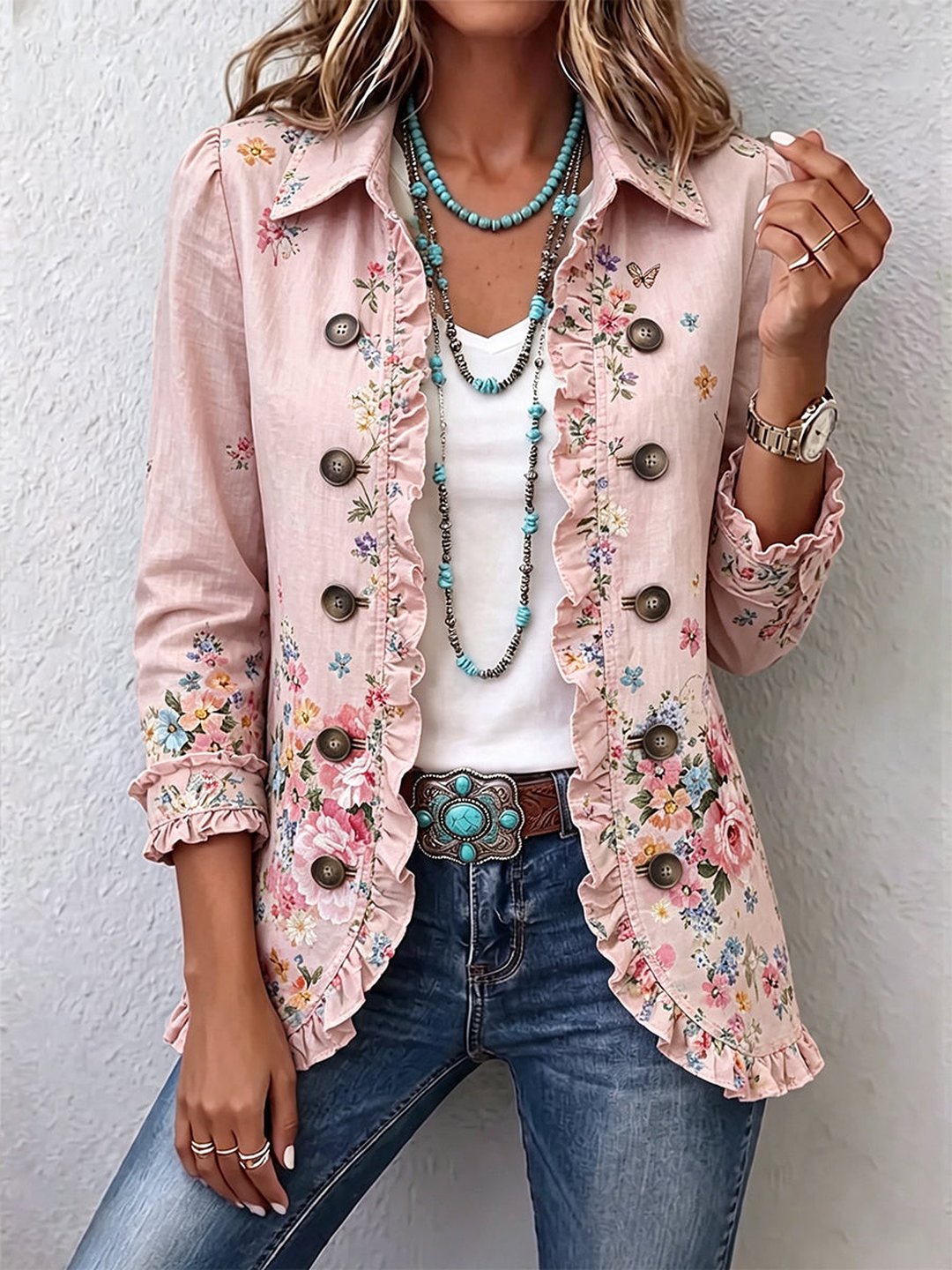 Dianne | Floral Ruffle Button-Front Jacket
