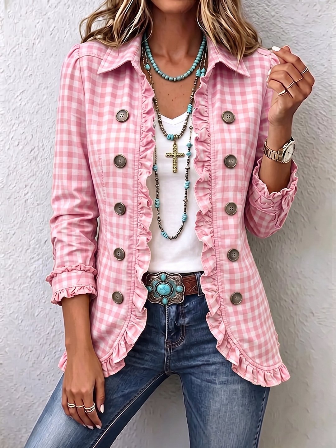 Twyla | Gingham Ruffled Button-Down Jacket