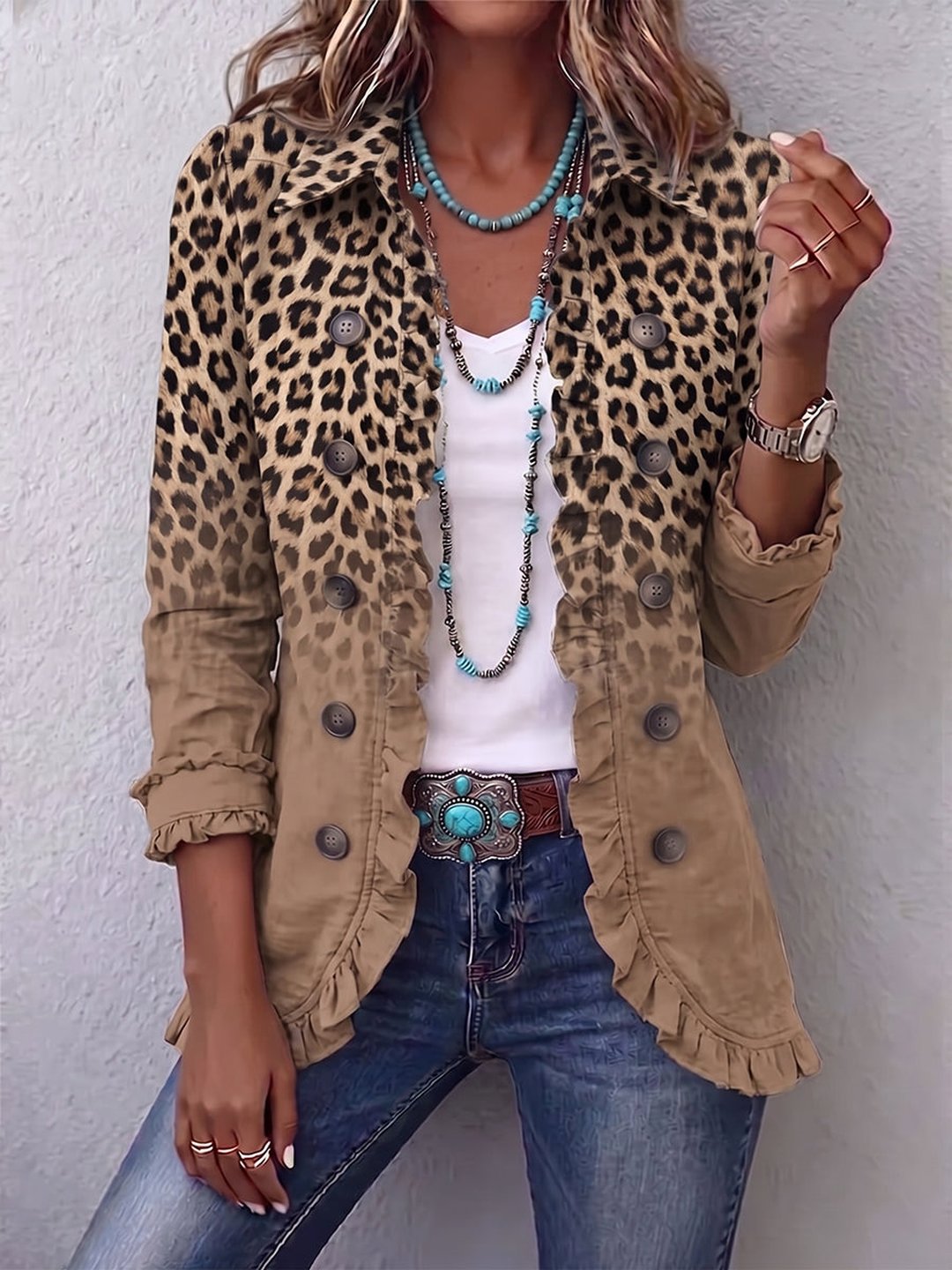 Rena | Vintage Leopard Gradient Ruffle Jacket