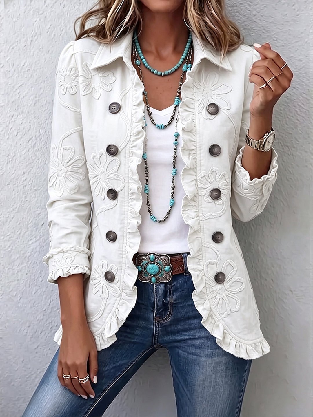 Tammy | Ivory Floral Embroidered Utility Ruffled Trim Jacket